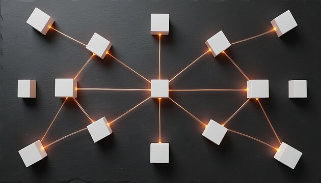 Blockchain network concept with glowing white cubes on dark background