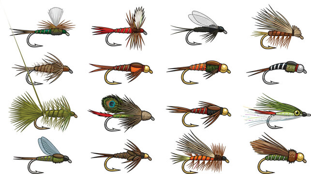 Fly Fishing Lure and Artificial Insect Hook Vector Set with Dry Flies Nymphs and Streamers for Angling Sports Designs