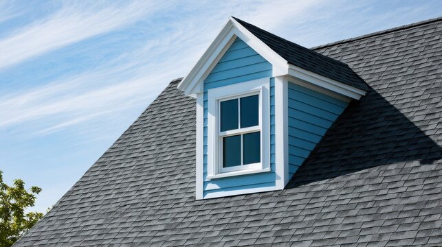 A blue dormer window on a dark shingle roof under a cloudy blue sky. Ideal for roofing and architecture.