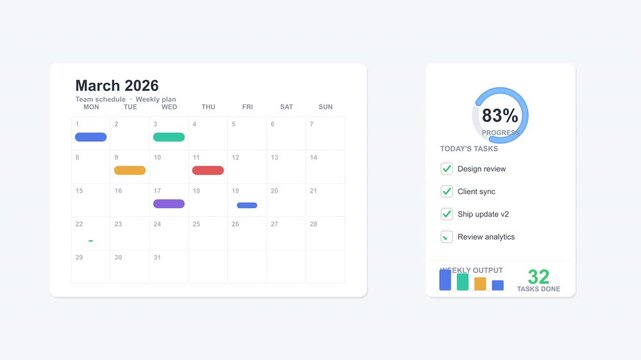 Modern business calendar animation for task planning, scheduling, and productivity workflow