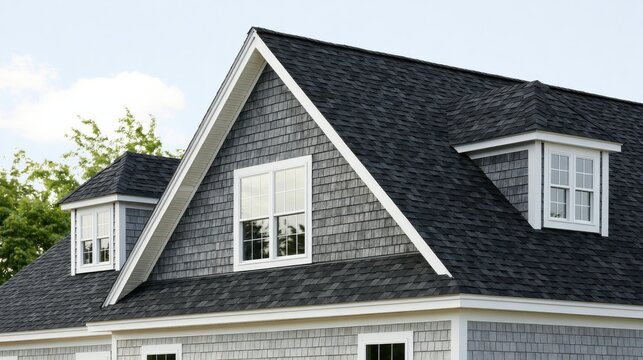A view of a house roof with asphalt shingles and dormer windows. Great for home improvement ads.