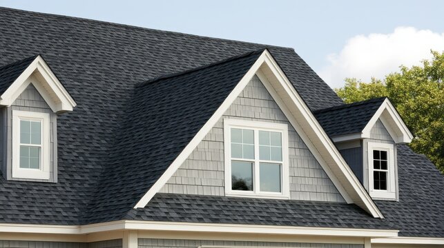 A close up of a house roof with dark shingles and dormer windows. Ideal for real estate ads.