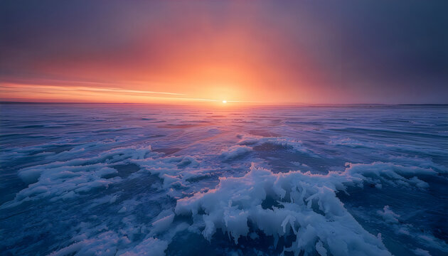 Frozen Lake Surface reflecting vibrant Sunset sky in Winter landscape