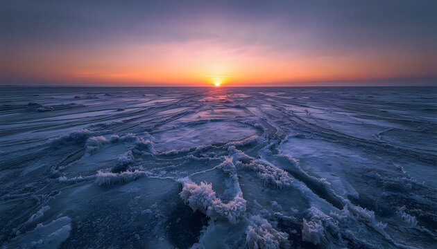 Frozen Lake Surface reflecting Sunset Sky with Ice Formations in Winter Landscape