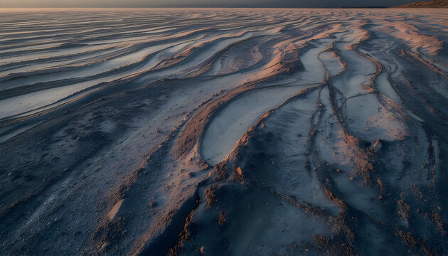 Salt Flats landscape with rippled textures at sunset, aerial drone view