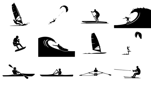 Water Sports Silhouettes Featuring Windsurfing, Kitesurfing, Surfing, Kayaking, and Paddleboarding in Black and White