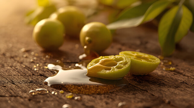 Golden amla oil and amla on rustic wood high-resolution photo