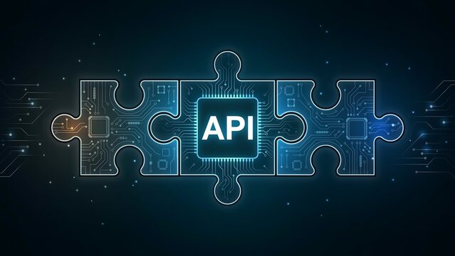 API connection concept represented by puzzle pieces interlocking with integrated circuits and glowing central chip symbolizing digital data flow and technology integration.