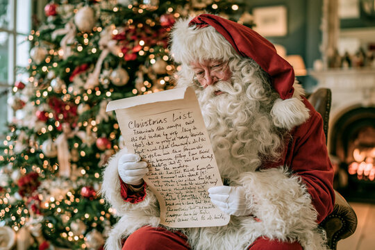 Santa Claus sits cozily by a glowing fireplace. He holds a handwritten Christmas list with gentle smile. The tree behind him sparkles with warm lights and ornaments
