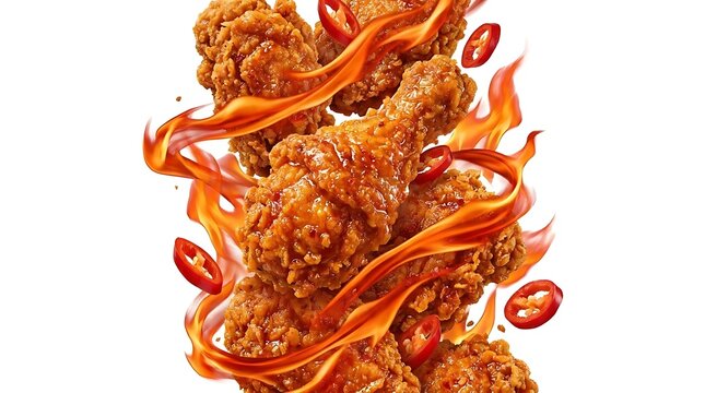 Spicy fried chicken drumsticks with fire and chili peppers.