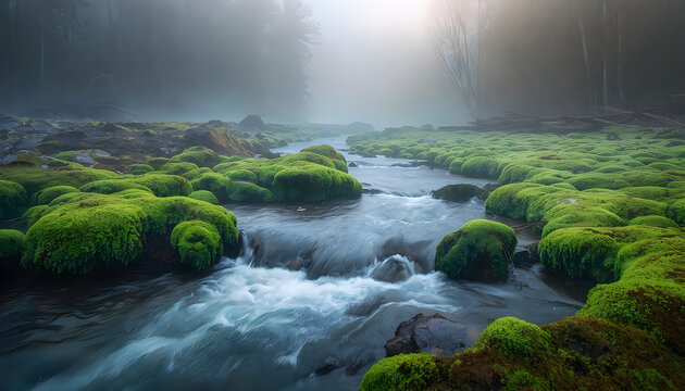 Mossy river flowing through misty forest landscape in morning light