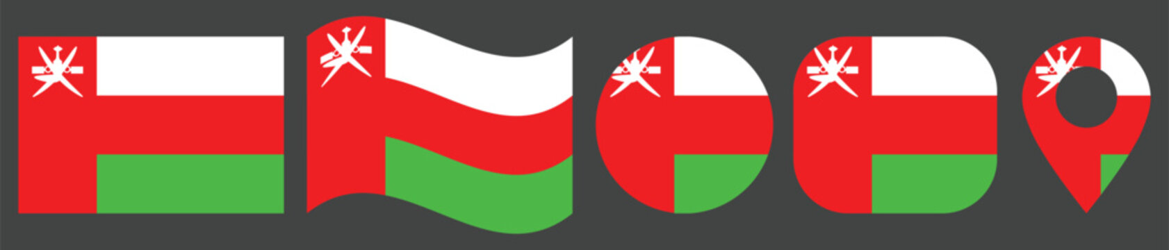 Oman Flag Vector Illustration Set Featuring Rectangular, Waving, Circular, Rounded Square and Location Pin Icons. Isolated Vector with High Detail and Clean Design.