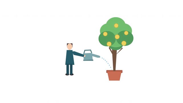 Businesswoman watering growing money tree, animation for financial growth and investment success concept