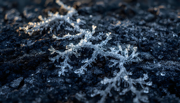 Frost crystals forming on dark frozen soil in winter close-up