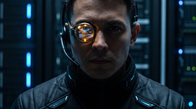 Cybersecurity expert in a data center, a male IT professional with a futuristic monocular headset, network server room operations, advanced technology and digital security solutions.