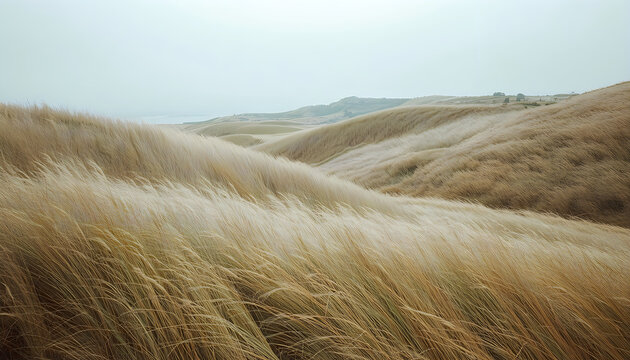 Golden Grass Blowing in Wind on Rolling Hills under Overcast Sky