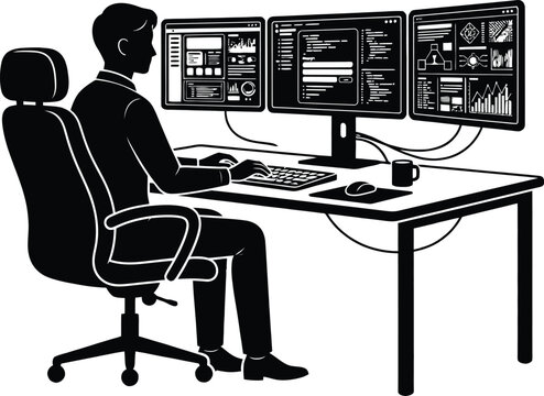  black vector silhouette of a professional AI prompt engineer working at a modern desk with three monitors displaying abstract interface layouts, siAI Prompt Engineer Art & Illustration