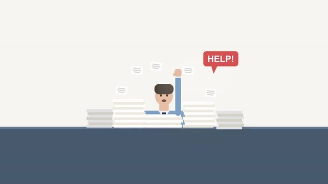 Overwhelmed office worker buried in documents asks for help, piles of paper, work stress