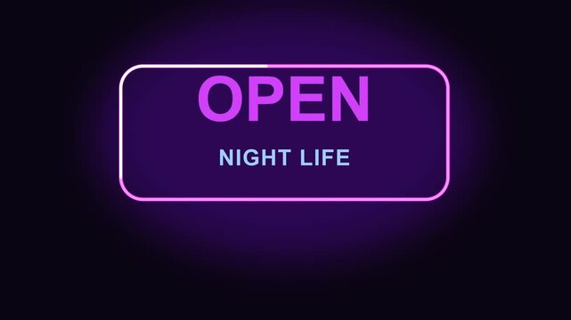 Glowing open neon sign animation, night life banner, vibrant purple glow