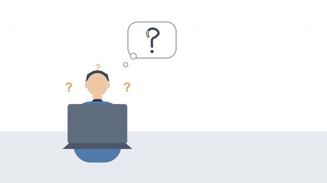 Person wondering in front of laptop with question marks, idea concept