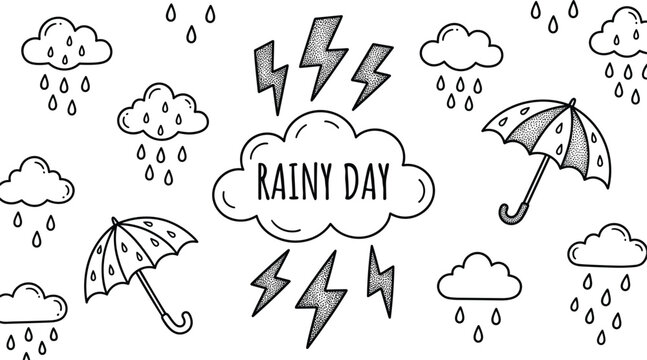 Stormy rainy day doodle background concept featuring hand drawn outline elements like clouds umbrella lightning bolts and raindrops