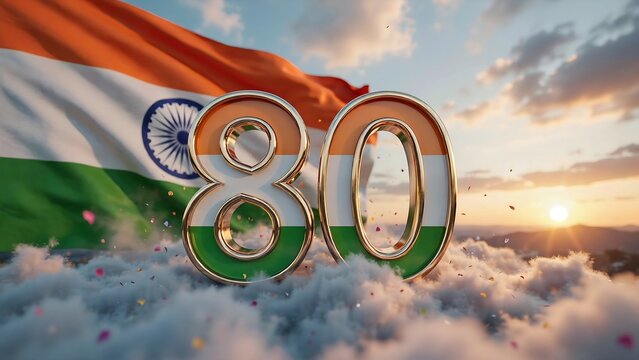 Grand number eighty rendered in metallic texture with indian flag patterns set on fluffy clouds above mountain landscape at sunset symbolizing eightieth year of national victory.