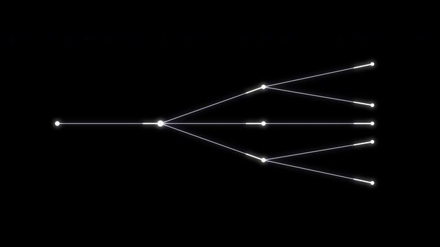 Network animation with branching lines and nodes on black background