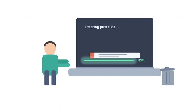 Person cleaning laptop from trash files design animation deleting data