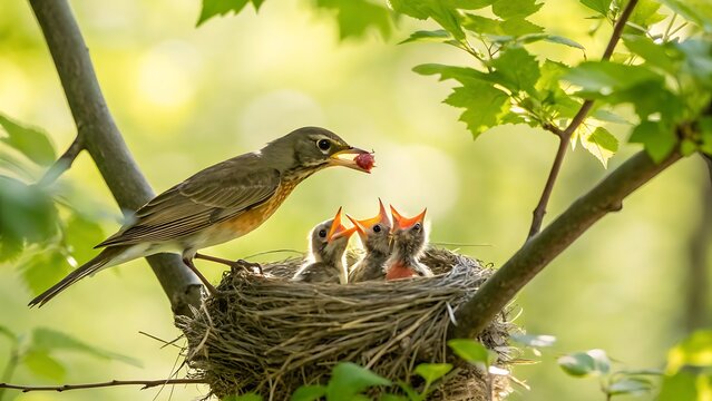 American robin feeding chicks in nest. Mother bird caring for hungry baby birds in spring.
