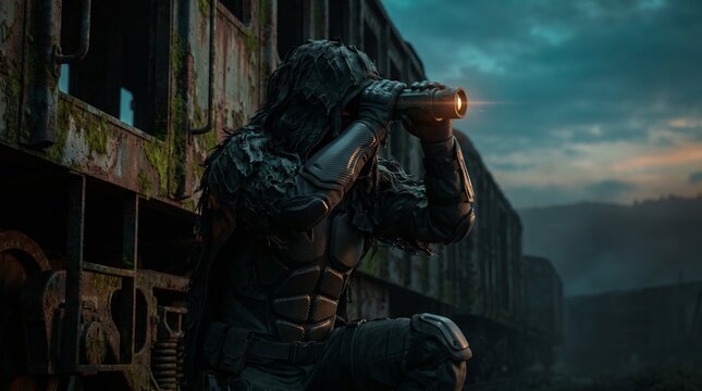 Primate warrior observing through binoculars, a dramatic scene of an ape-like figure in tactical gear, vigilant and focused, set against a decaying train in a post-apocalyptic or fantasy