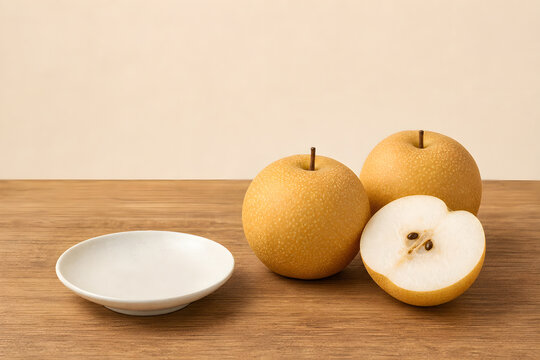 Golden Asian pears with a fresh cut half in warm light