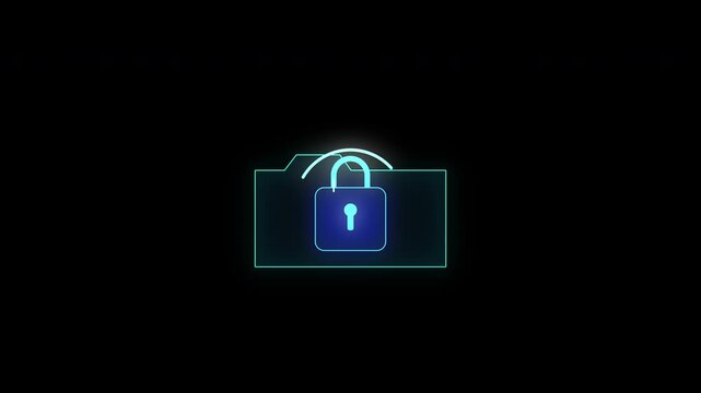 Neon lock icon animation on folder, security and protection concept