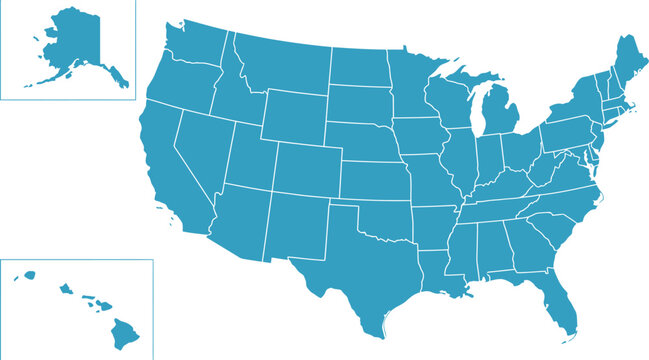 Blue USA map with state borders, United States vector map, flat geography icon