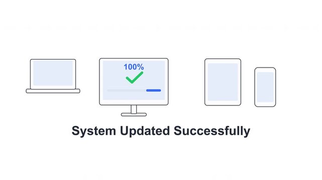 Responsive website update animation showing progress bar on laptop tablet phone