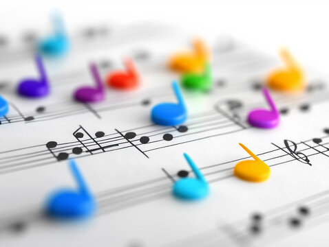 Colorful musical notes on sheet music with shallow depth of field