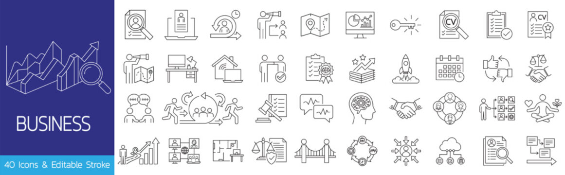 Business line icon set with 40 editable stroke symbols for management strategy human resources agile process growth recruitment startup and corporate workflow visual design elements