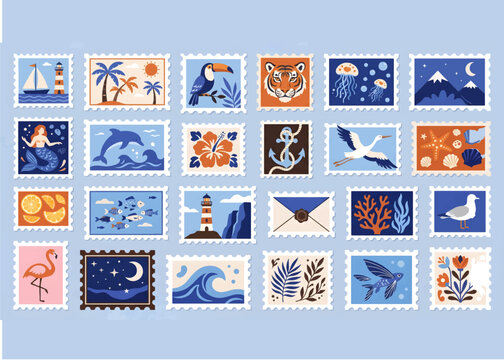 Postage Stamps Collection: A vibrant array of postage stamps showcasing diverse designs including tropical scenery, wildlife, nautical elements, and abstract patterns.