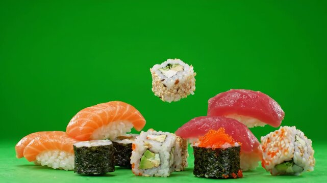 Fresh sushi nigiri and maki rolls falling down in slow motion against a solid green screen background for easy chroma keying