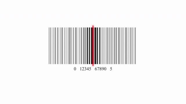 Scanning barcode animation with red laser light on white background, loop