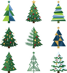 Obraz premium Christmas tree vector set containing various geometric flat designs, traditional decorated pines, abstract winter evergreens, and festive holiday icon elements.