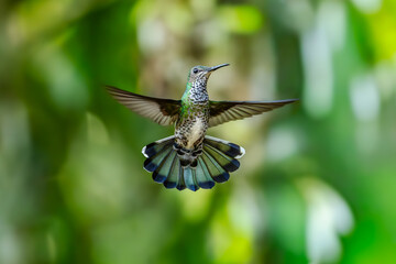 Fototapeta premium Anna hummingbird hovering with spread tail feathers against a soft natural green background, hovering