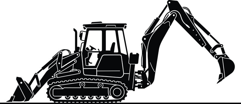 Black silhouette of a compact track loader backhoe, heavy construction machinery vector, industrial earthmoving equipment for building site projects