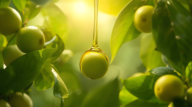 Golden amla oil drop on green amla branches high-resolution photo