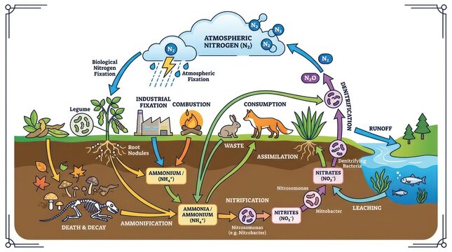 Nitrogen cycle diagram vector illustration for education and science. Detailed environmental infographic showing soil, water, and atmospheric proce...