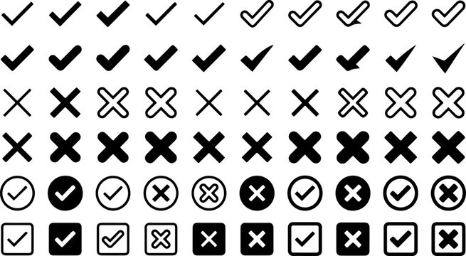 Set of various hand drawn check mark and cross sign icons with checkbox verified collection