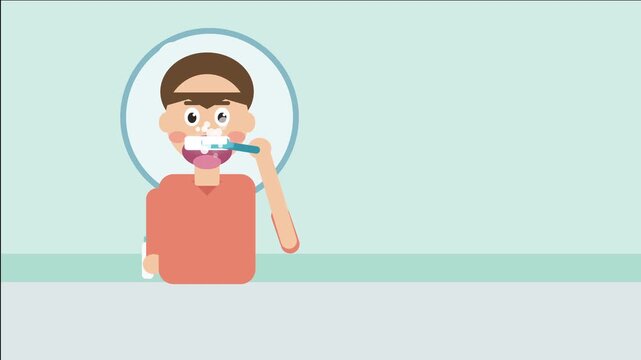 Boy brushing teeth in bathroom flat design animation, kid dental hygiene and care