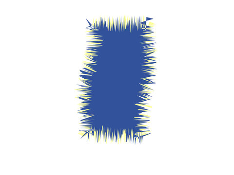 A textured blue rectangular shape with frayed edges and yellow highlights