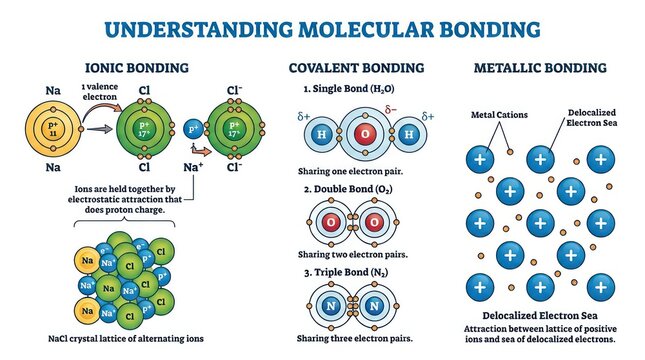 Molecular bonding diagram illustrating chemical structures and reactions. Detailed educational illustration of covalent, ionic, hydrogen, and metal...