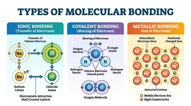 Molecular bonding types diagram for science education. Chemical bond illustration showing ionic, covalent, and metallic structures in detail.