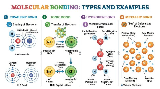 Molecular bonding types and chemical structures illustration. Detailed infographic of covalent, ionic, and metallic bonds with electron diagrams.